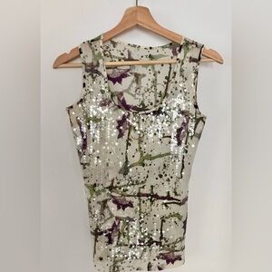 Sequin Abstract floral Paint-Splash Tank Top - Ivory, Green & Purple